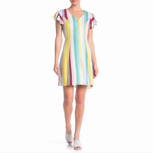 Colorful Flutter Sleeve Button-Front Dress